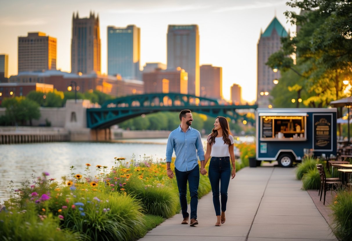 A couple walking hand in hand along a riverwalk with city buildings and a bridge in the background.