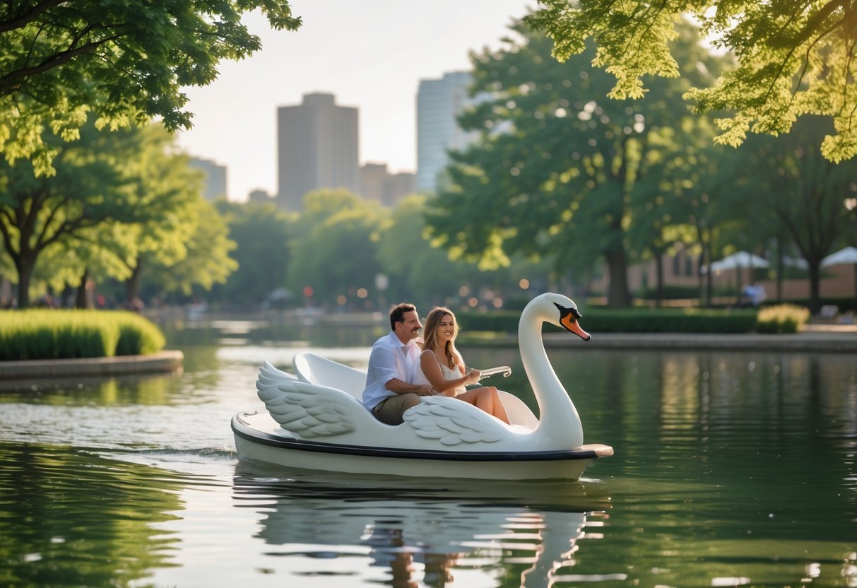 A couple riding a white swan-shaped pedal boat on a calm lake surrounded by trees in a park.