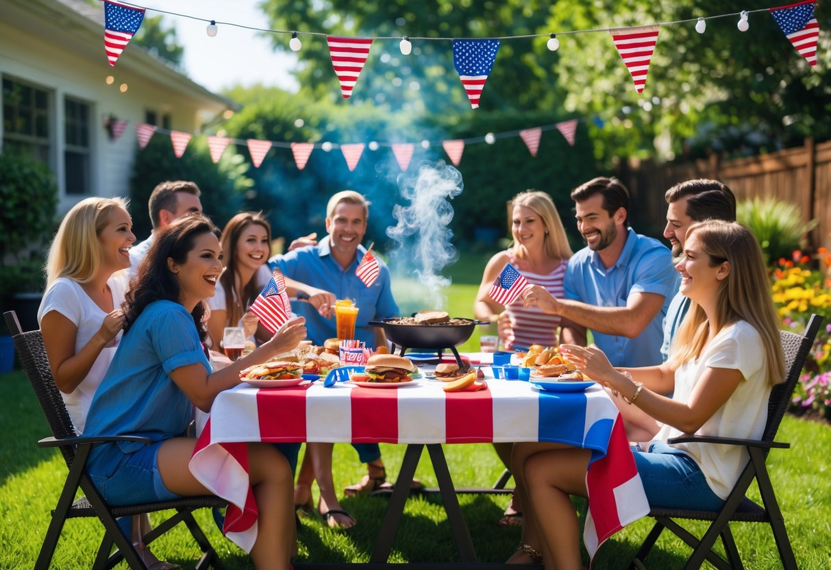 A group of people enjoying a 4th of July BBQ in a sunny backyard with a grill, picnic table, and patriotic decorations.
