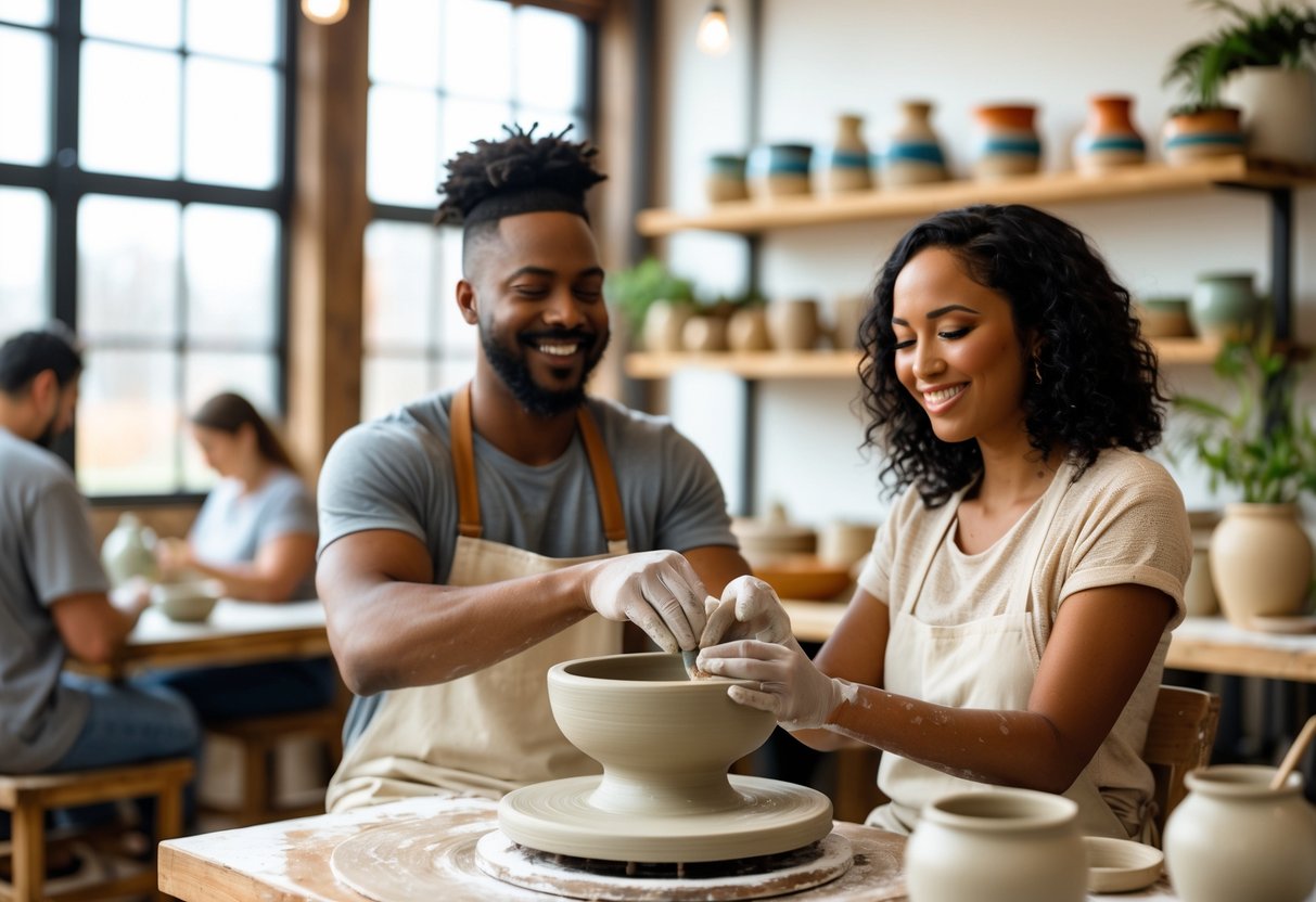 A couple making pottery together in a bright pottery studio, shaping clay on a wheel with others working in the background.