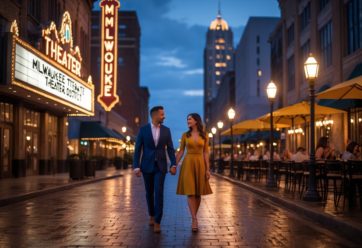 A couple walking hand-in-hand on a city street at dusk with theater marquees and outdoor diners in the background.