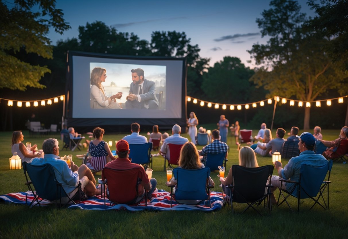 People sitting on blankets and chairs watching an outdoor movie screening on a grassy lawn decorated for the 4th of July.