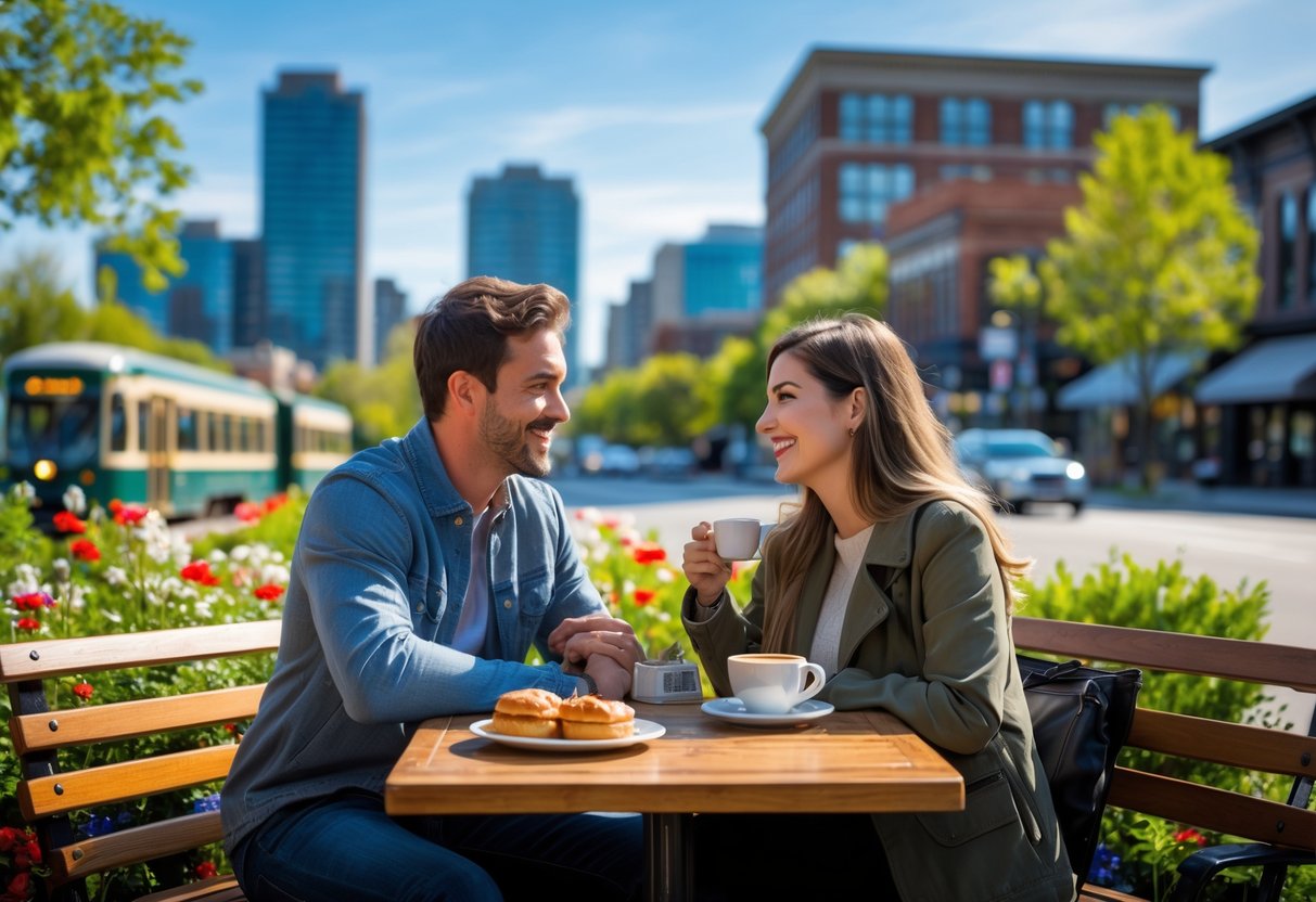 A young couple sitting at an outdoor café table in a park, enjoying coffee and pastries on a sunny day with city buildings in the background.