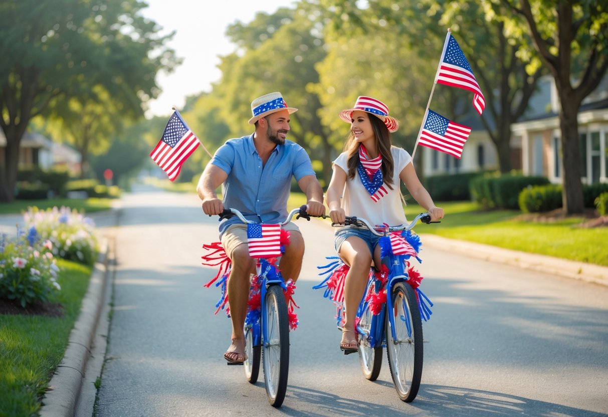 A couple riding decorated bikes with American flags and festive gear on a sunny suburban street.
