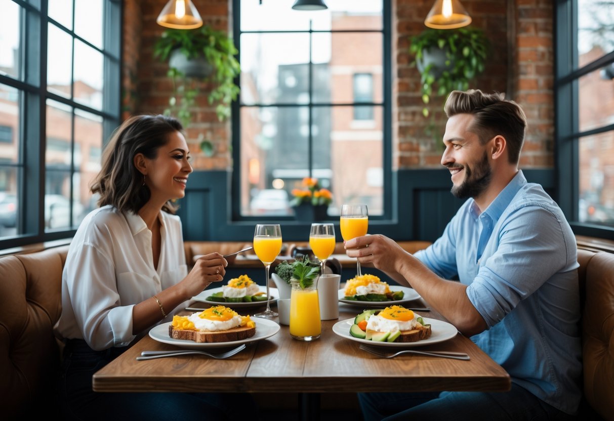 Two people enjoying a brunch meal together at a cozy restaurant table with plates of food and drinks.
