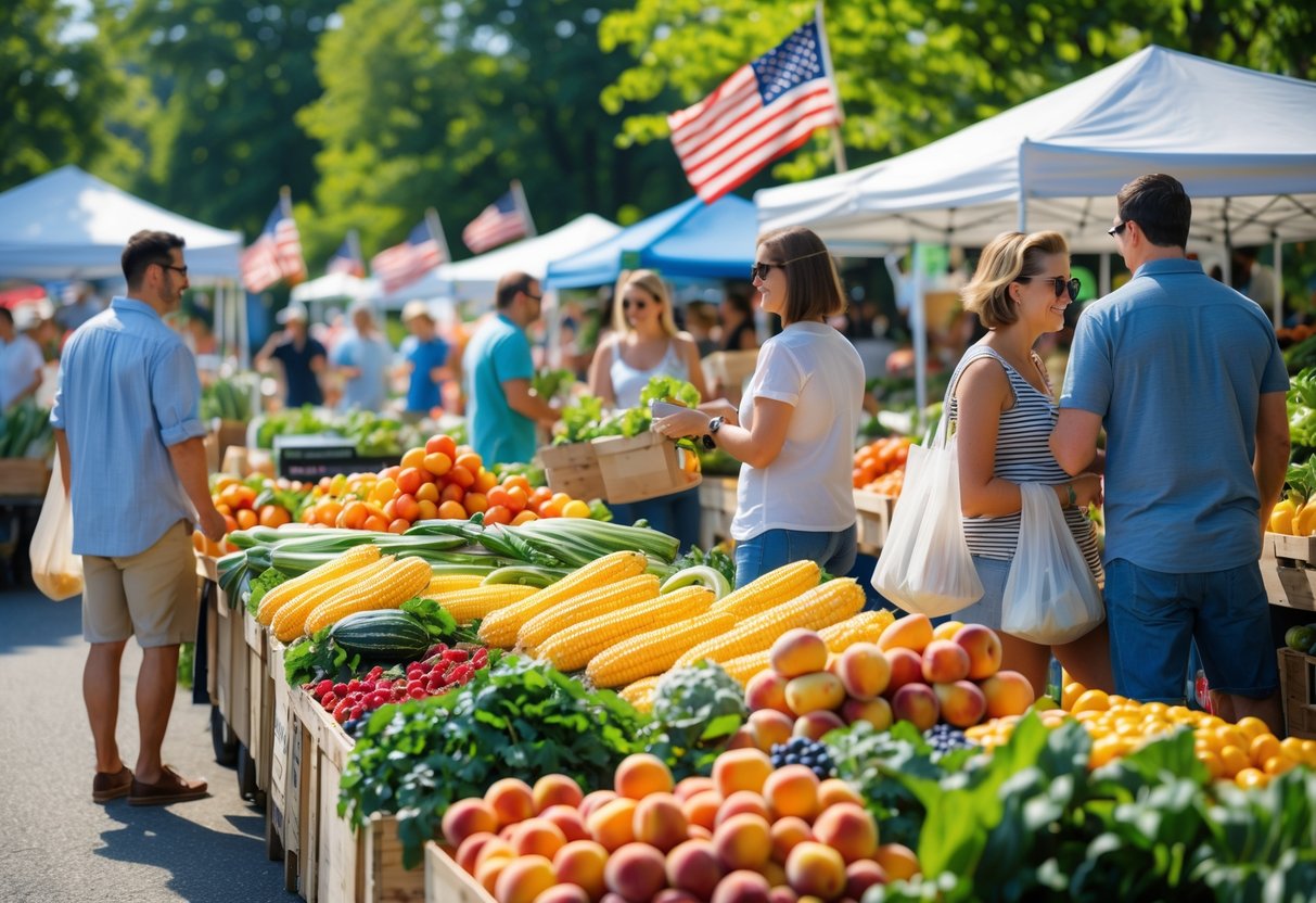 People shopping for fresh summer fruits and vegetables at an outdoor farmers' market decorated with subtle patriotic elements.