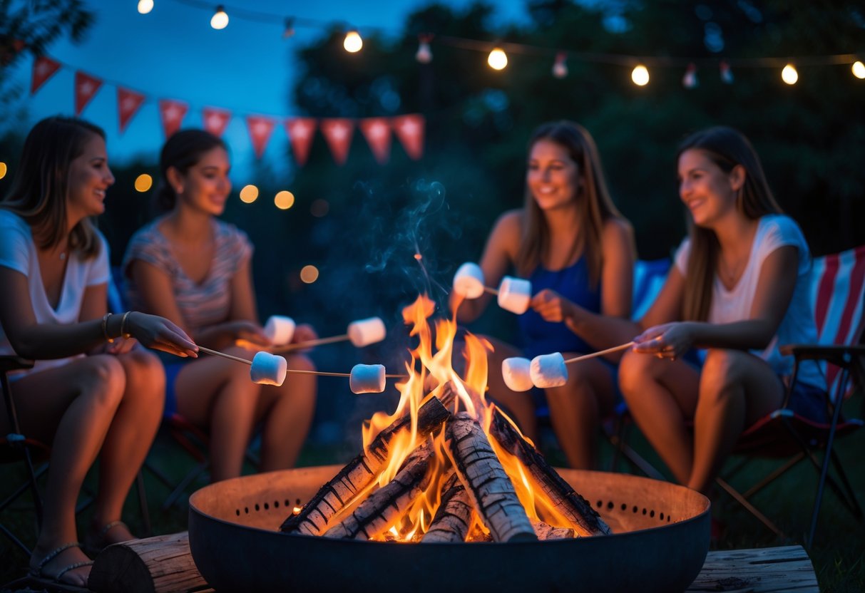 A group of people sitting around a bonfire at night, roasting marshmallows and making s’mores outdoors.
