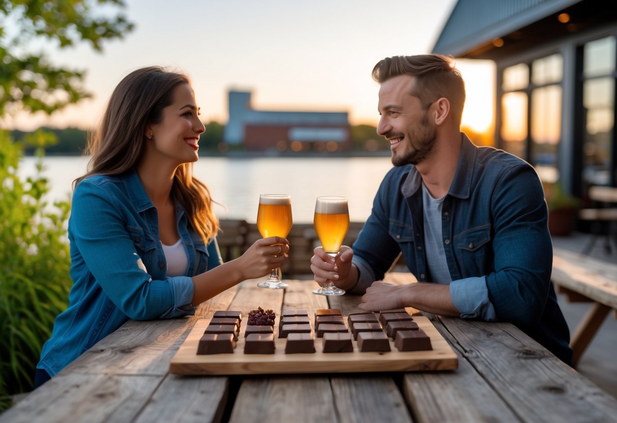 A couple enjoying a chocolate tasting together outdoors near a lake at Lakefront Brewery in Milwaukee.