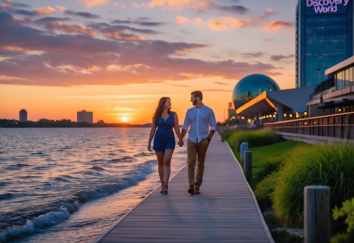 A couple walking hand-in-hand along a waterfront boardwalk at sunset near Discovery World in Milwaukee.