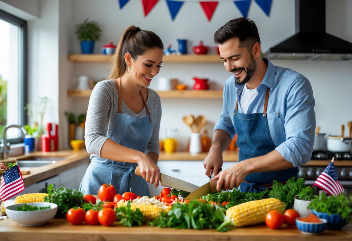 A couple cooking together in a bright kitchen, preparing American dishes with fresh ingredients and patriotic decorations.