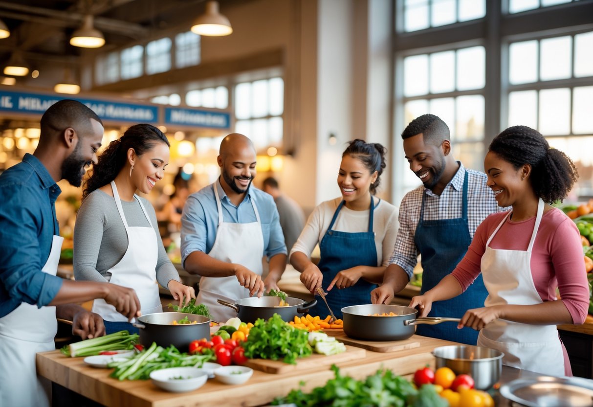Couples cooking together in a bright kitchen at Milwaukee Public Market, preparing food and smiling.