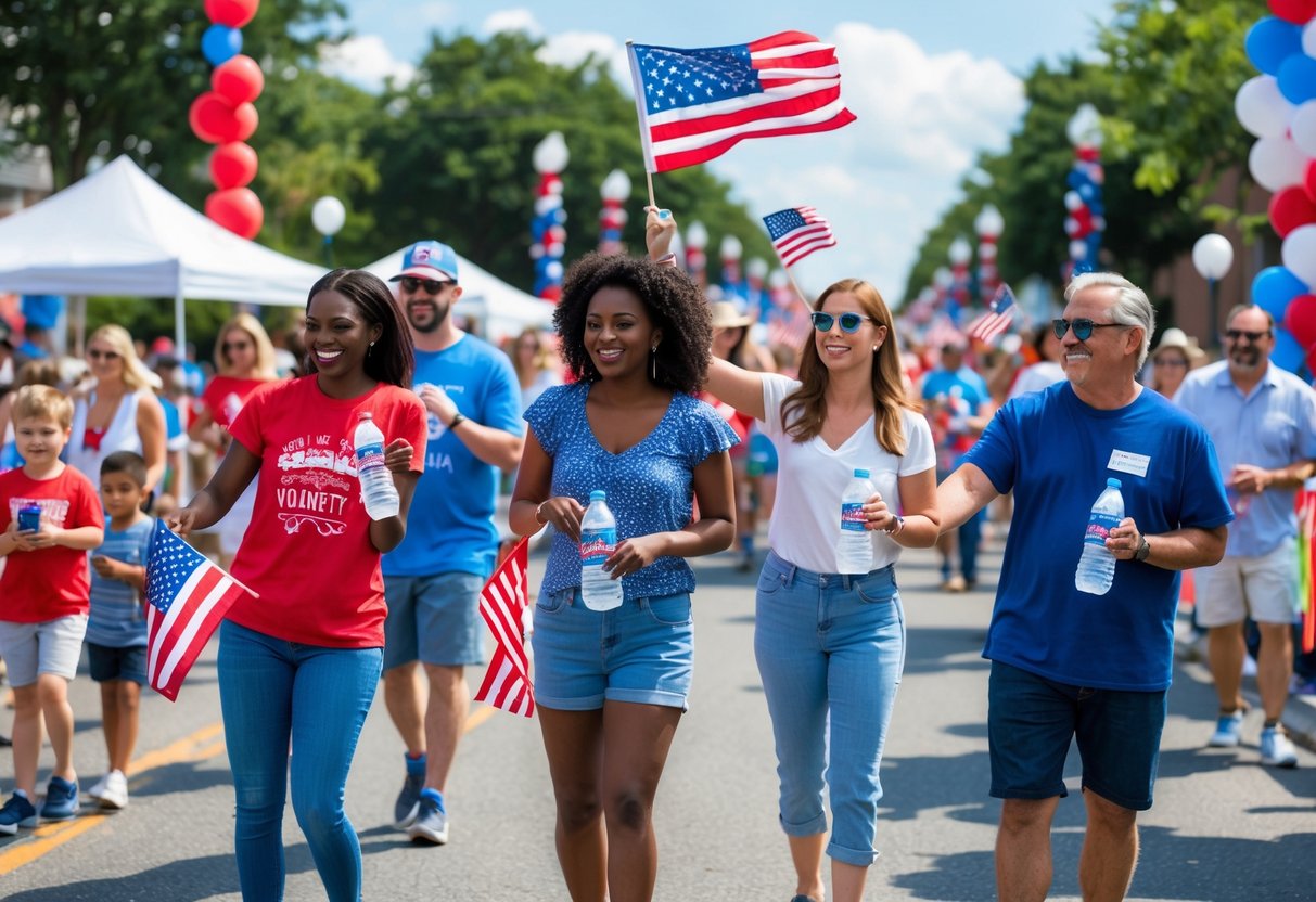 Volunteers handing out water and American flags to people at a 4th of July community parade with families and children celebrating in the background.