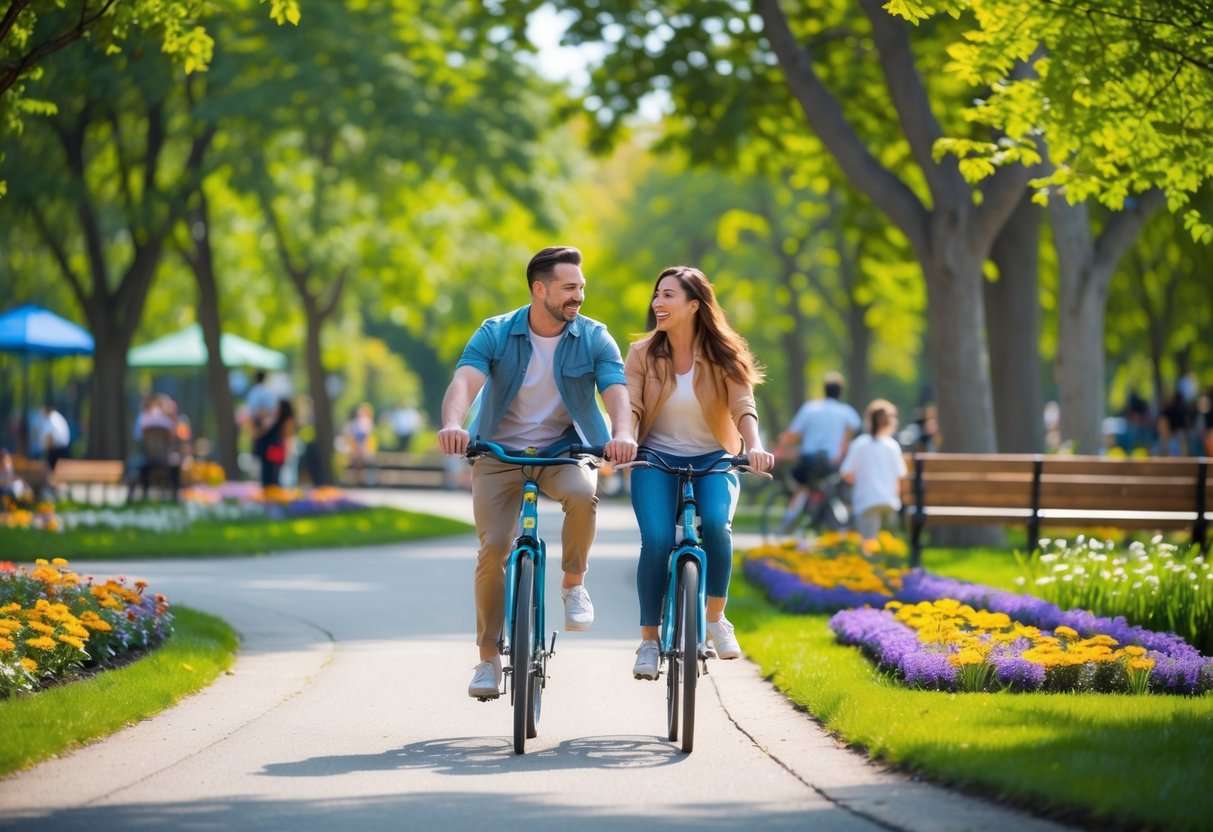 A couple riding bicycles together on a path surrounded by trees and flowers in a park.