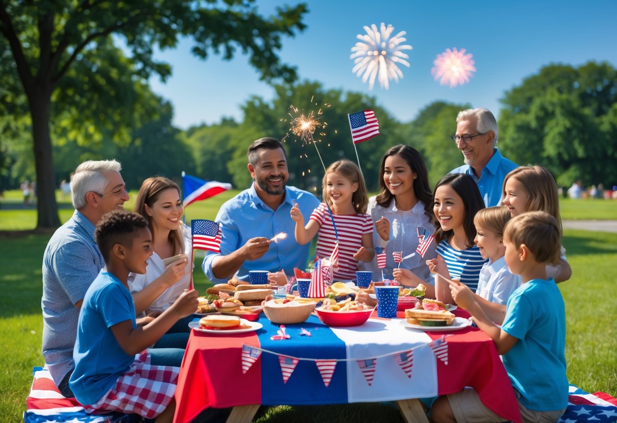 A family enjoying a 4th of July picnic outdoors with patriotic decorations, food, and fireworks in the background.