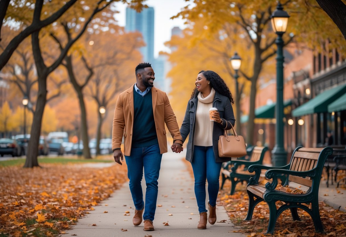 A couple walking hand-in-hand through a park with colorful autumn leaves and Milwaukee's skyline in the background.
