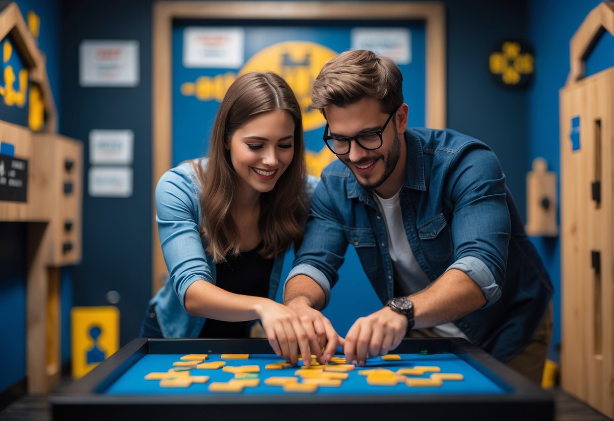 A young couple working together on a puzzle inside an escape room, surrounded by clues and locks.