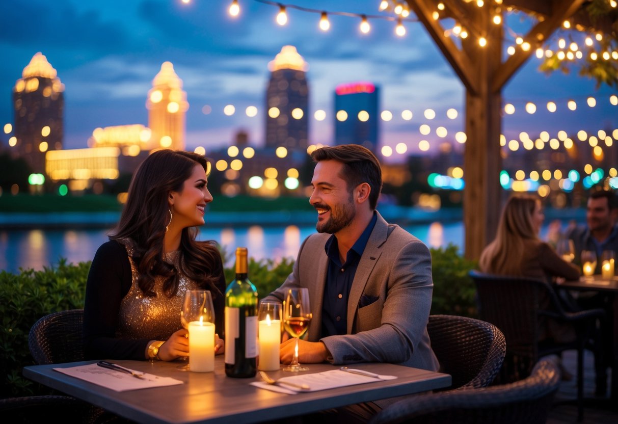 A couple enjoying a romantic outdoor dinner at dusk with city lights and fountains in the background.