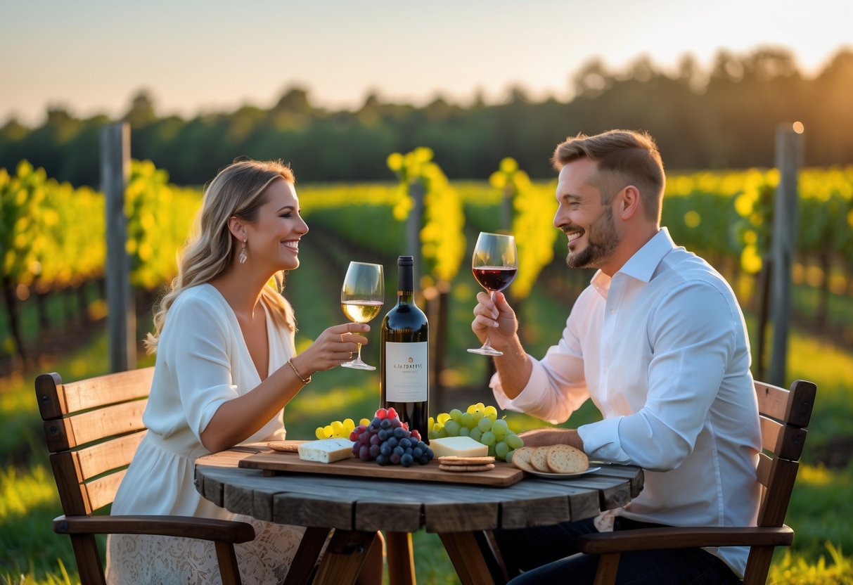 A couple enjoying wine tasting together at a vineyard table surrounded by grapevines during sunset.