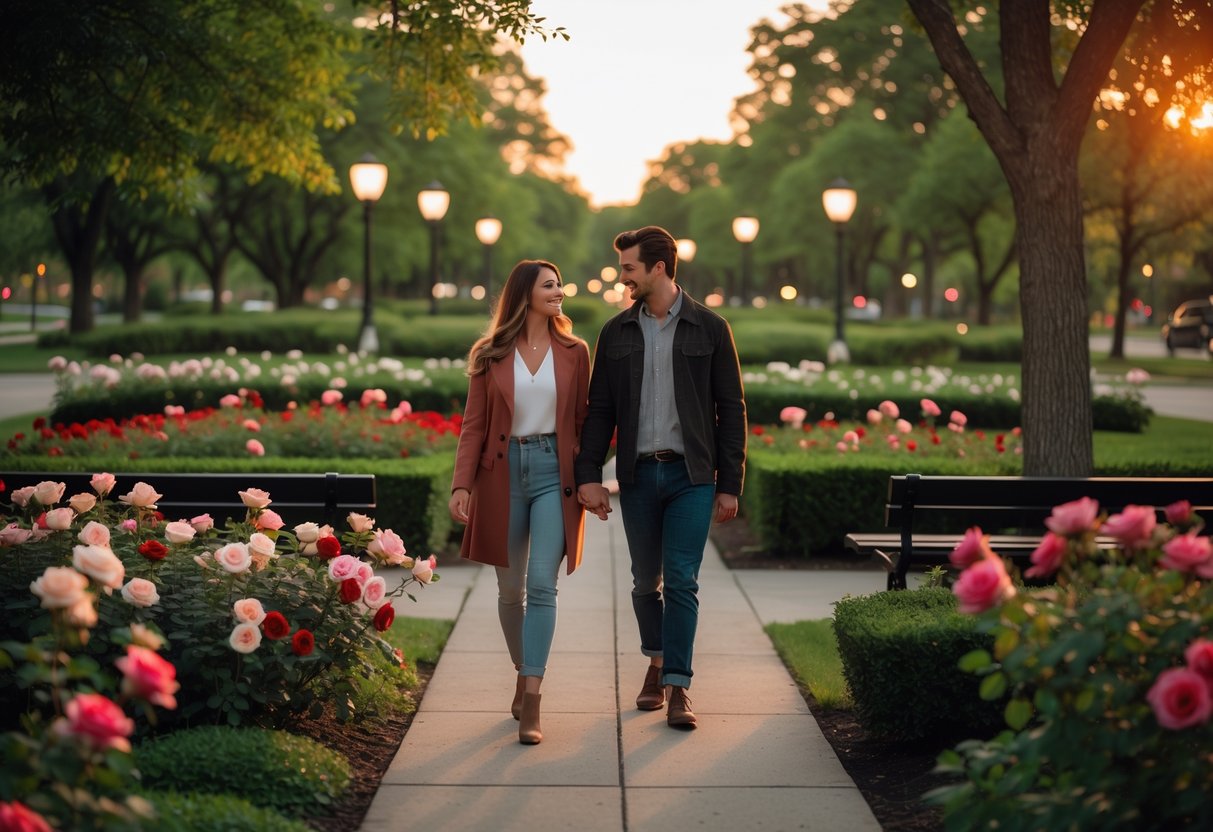 A young couple walking hand in hand along a rose-lined path in a park garden during sunset.