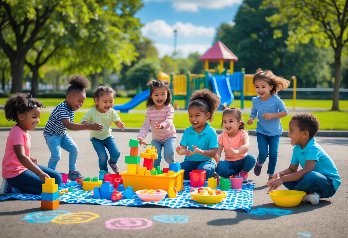 Children playing together outdoors in a park with toys, chalk drawings, and a picnic.