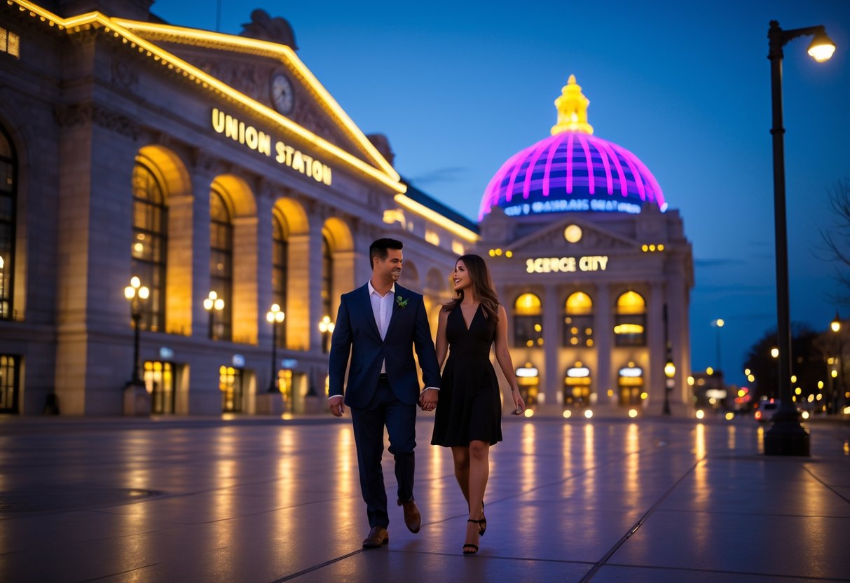 A couple walking hand-in-hand outside Union Station near the glowing Science City dome at dusk in Kansas City.