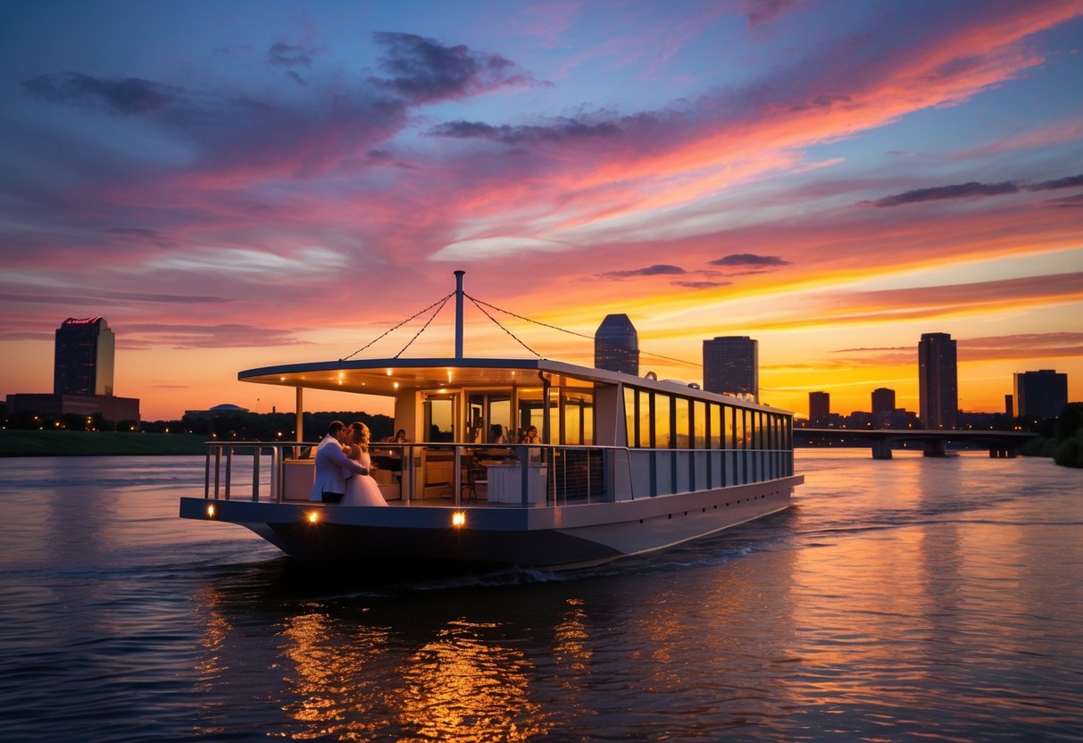 A couple enjoying a sunset cruise on the Missouri River with the Kansas City skyline in the background.