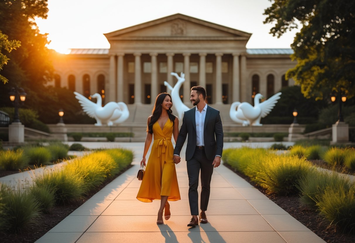 A couple walking hand-in-hand near sculptures outside the Nelson-Atkins Museum of Art during sunset.
