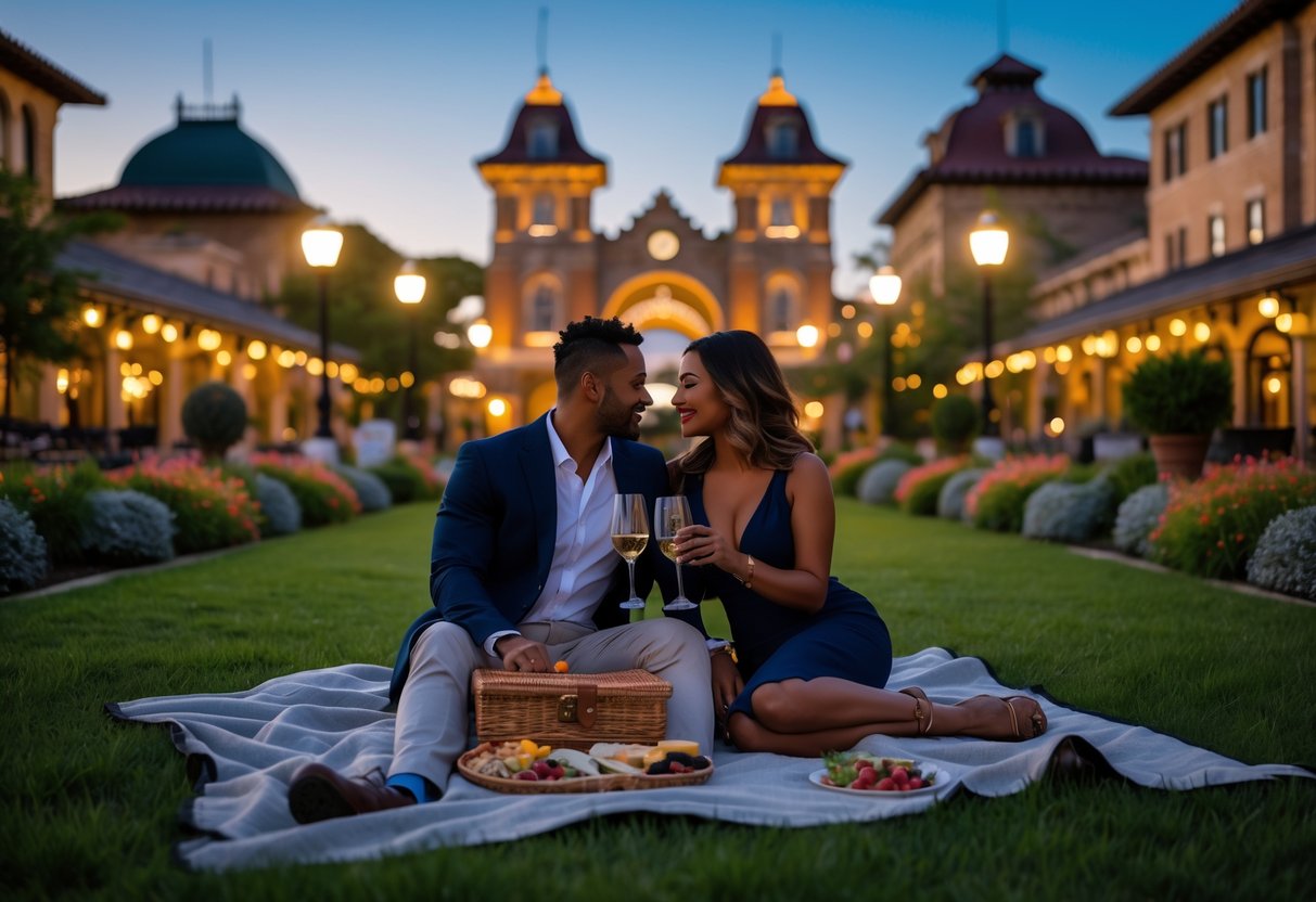 A couple enjoying a picnic on a blanket outdoors at sunset with historic buildings and flowers in the background.