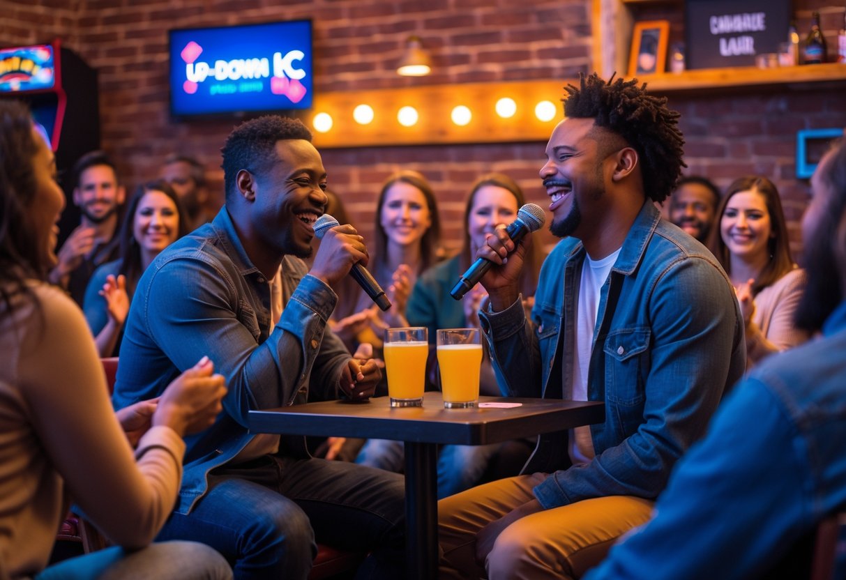 A couple laughing and enjoying a comedy show at a cozy club with a comedian performing on stage.