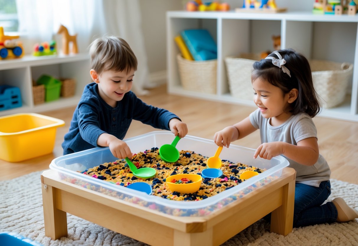Two young children playing with a sensory bin filled with colorful materials on a low table in a cozy playroom.