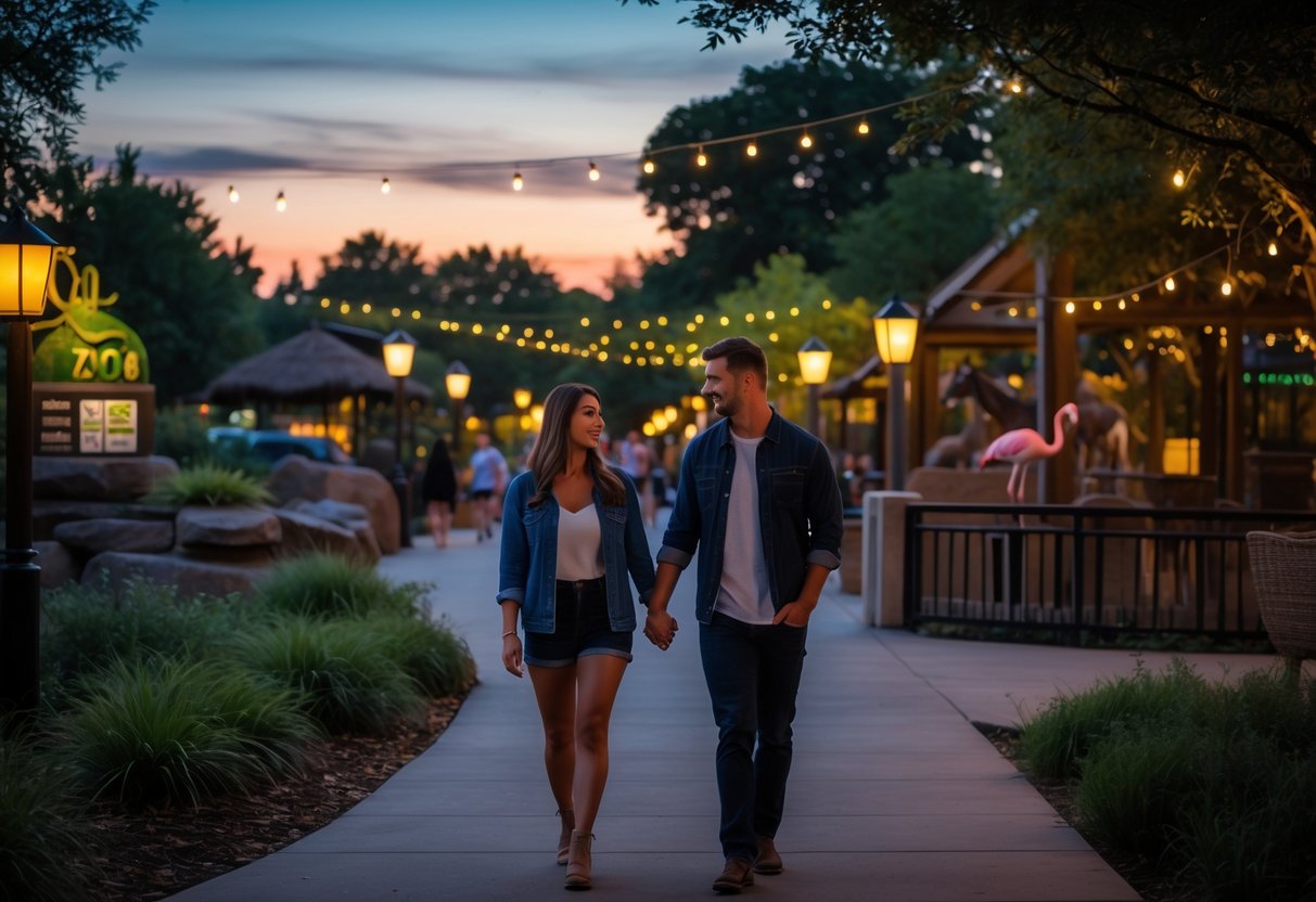 A couple walking hand in hand along a zoo pathway at twilight with greenery and animals visible in the background.