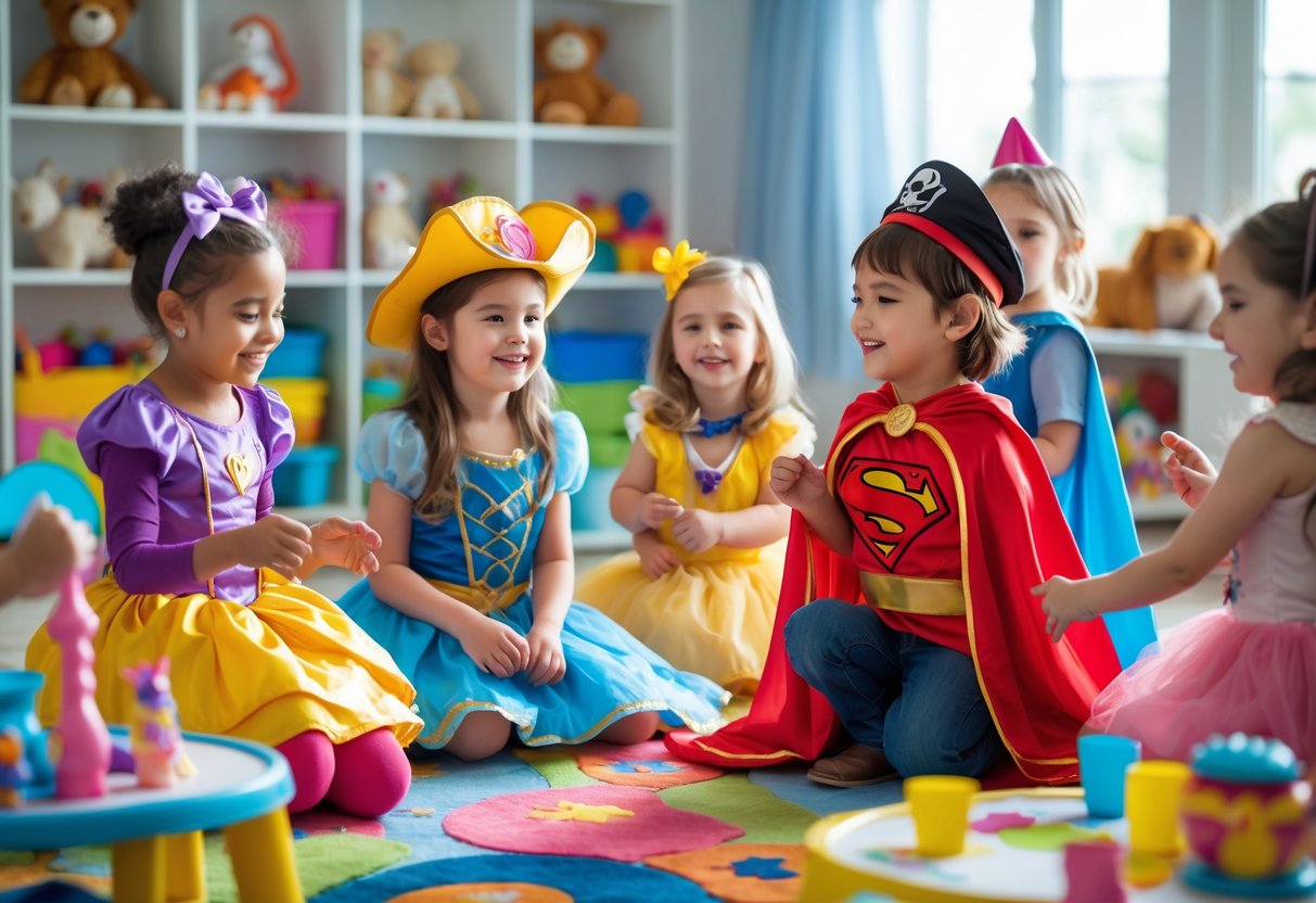 Children wearing costumes playing dress-up and role-playing together in a bright indoor playroom.