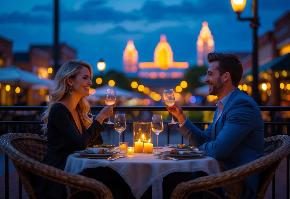 A couple enjoying a romantic outdoor dinner at night in Kansas City with city lights and landmarks in the background.