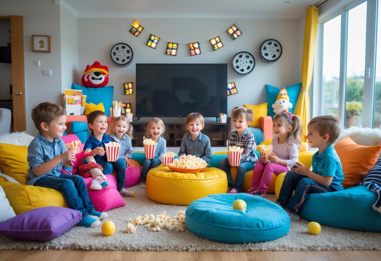 A group of young children sitting on cushions and bean bags in a living room watching a movie together with snacks and movie-themed decorations.