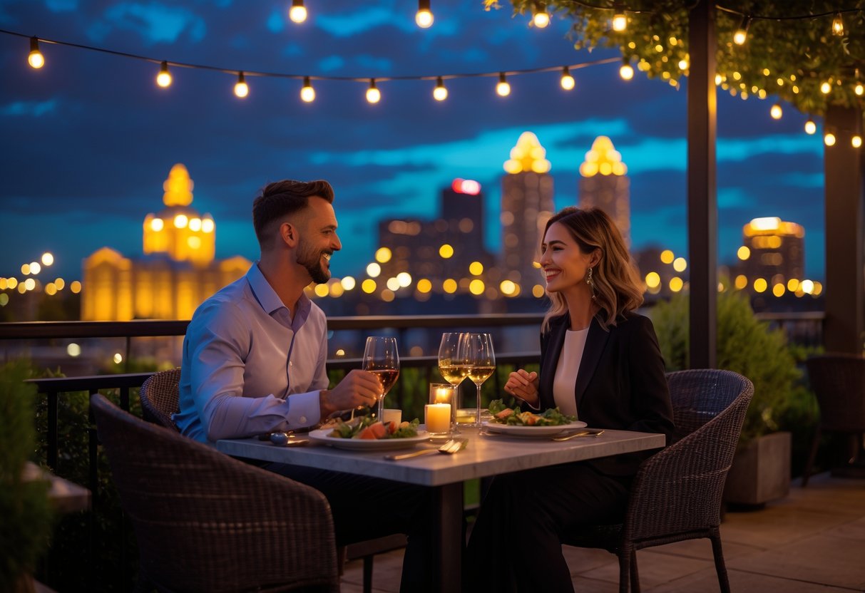 A couple enjoying a romantic dinner outdoors with the Kansas City skyline visible at dusk.