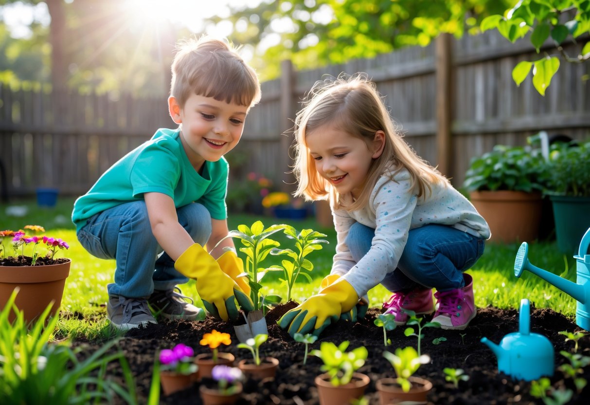 Two children planting flowers together in a small garden outdoors.