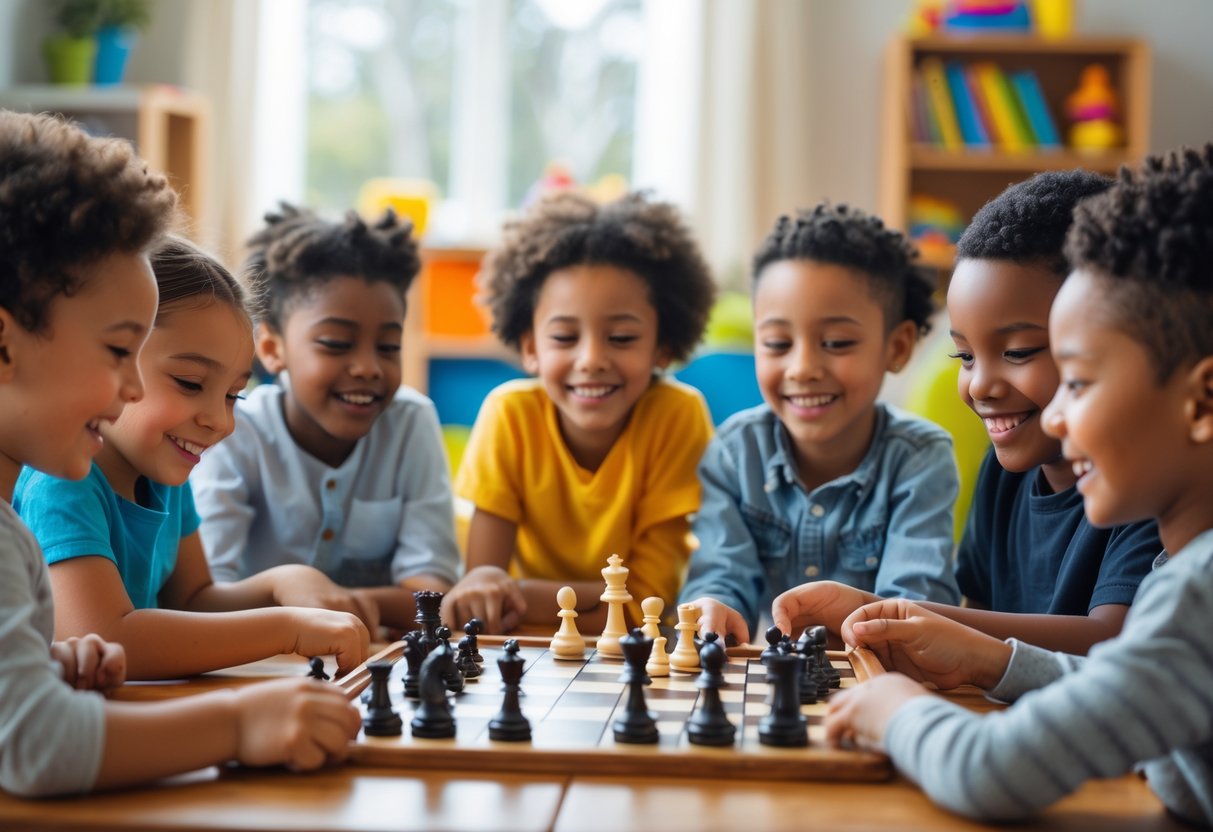 Children sitting around a table playing classic board games together in a bright playroom.