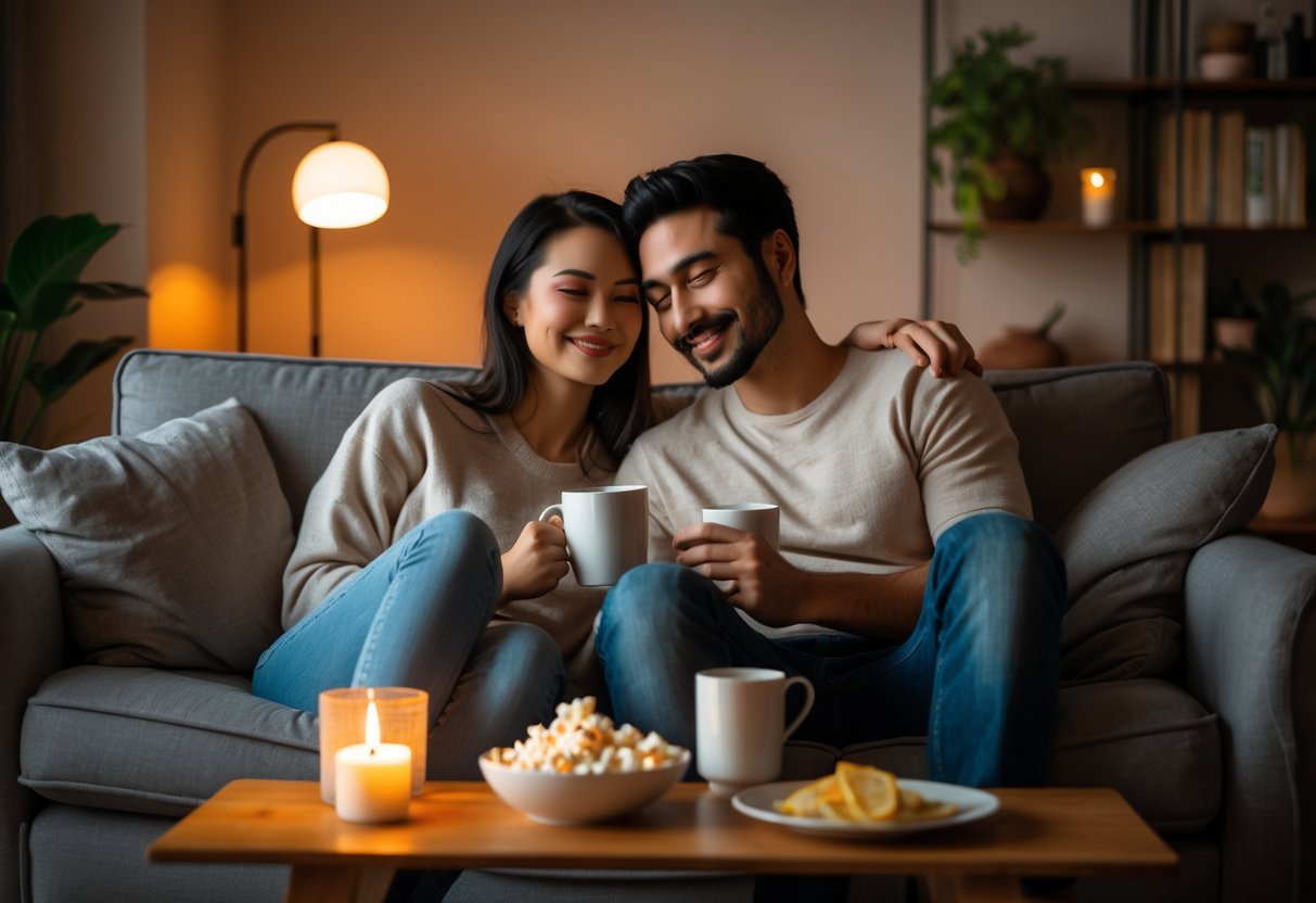 A couple sitting close together on a sofa in a softly lit living room, enjoying a quiet and cozy date night with candles and drinks on a coffee table.