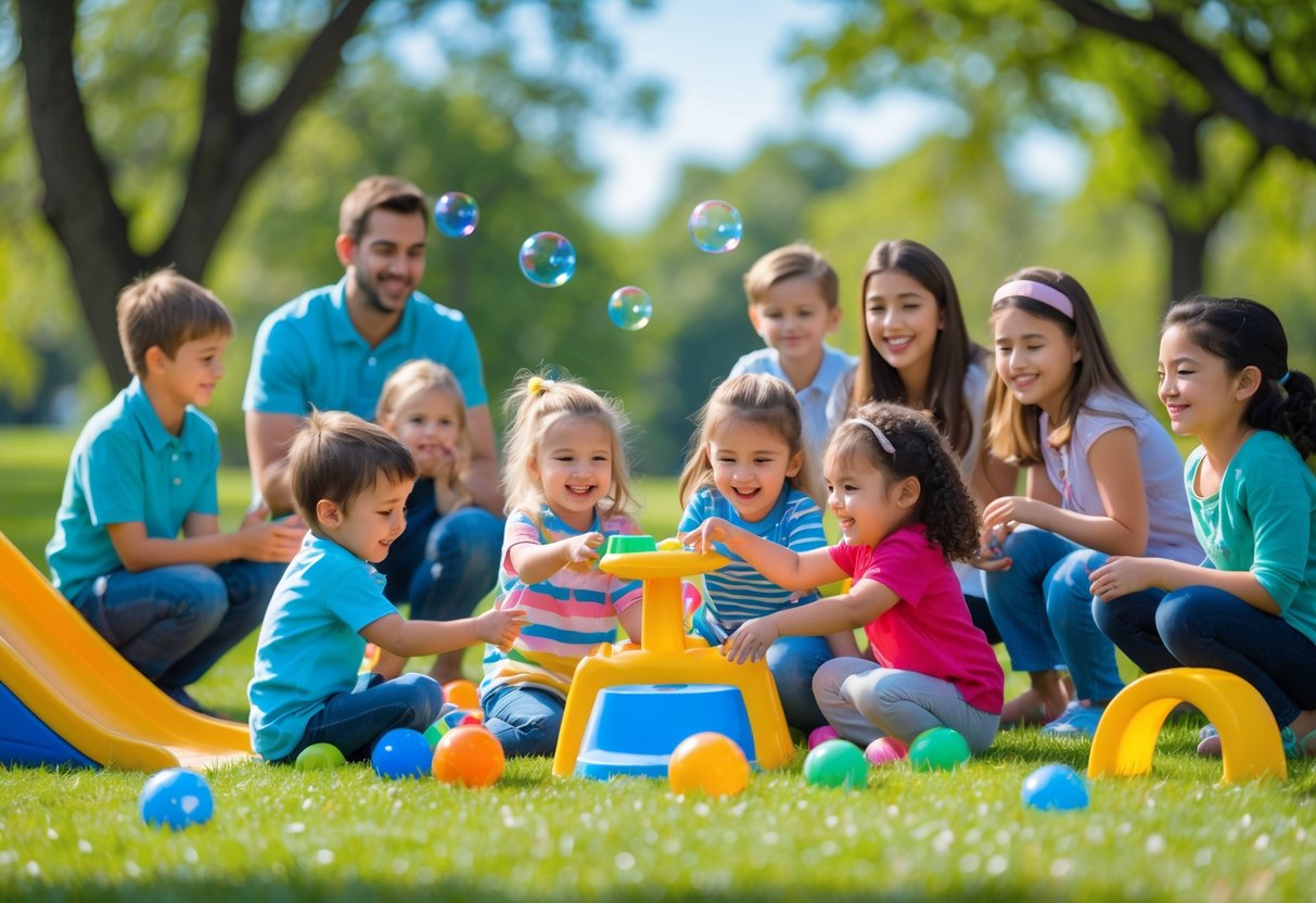 Children playing together outdoors in a park with toys and caregivers nearby.