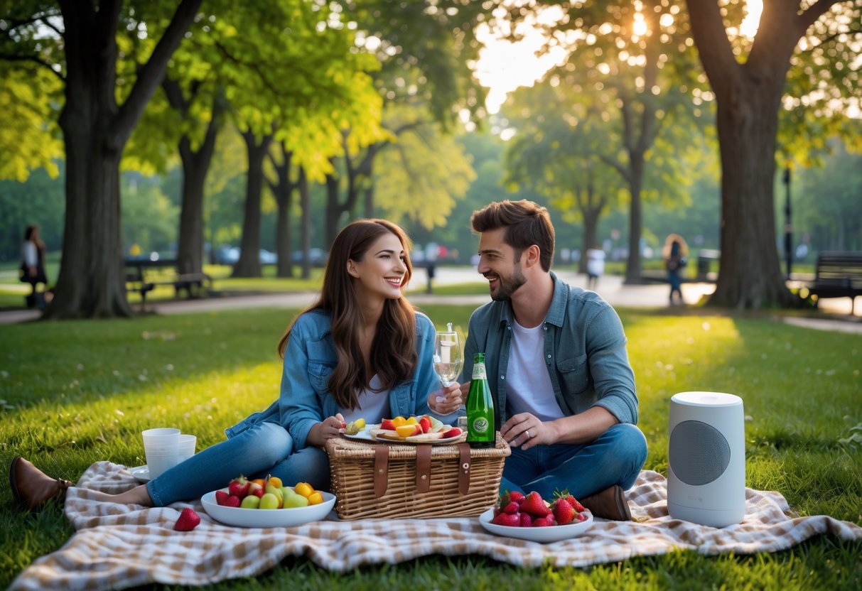 A young couple enjoying a picnic on a blanket in a green park surrounded by trees.