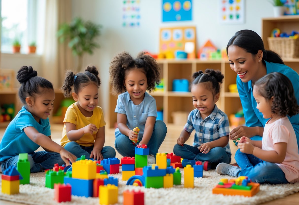 A group of young children playing with toys and drawing in a bright, organized playroom while an adult supervises nearby.