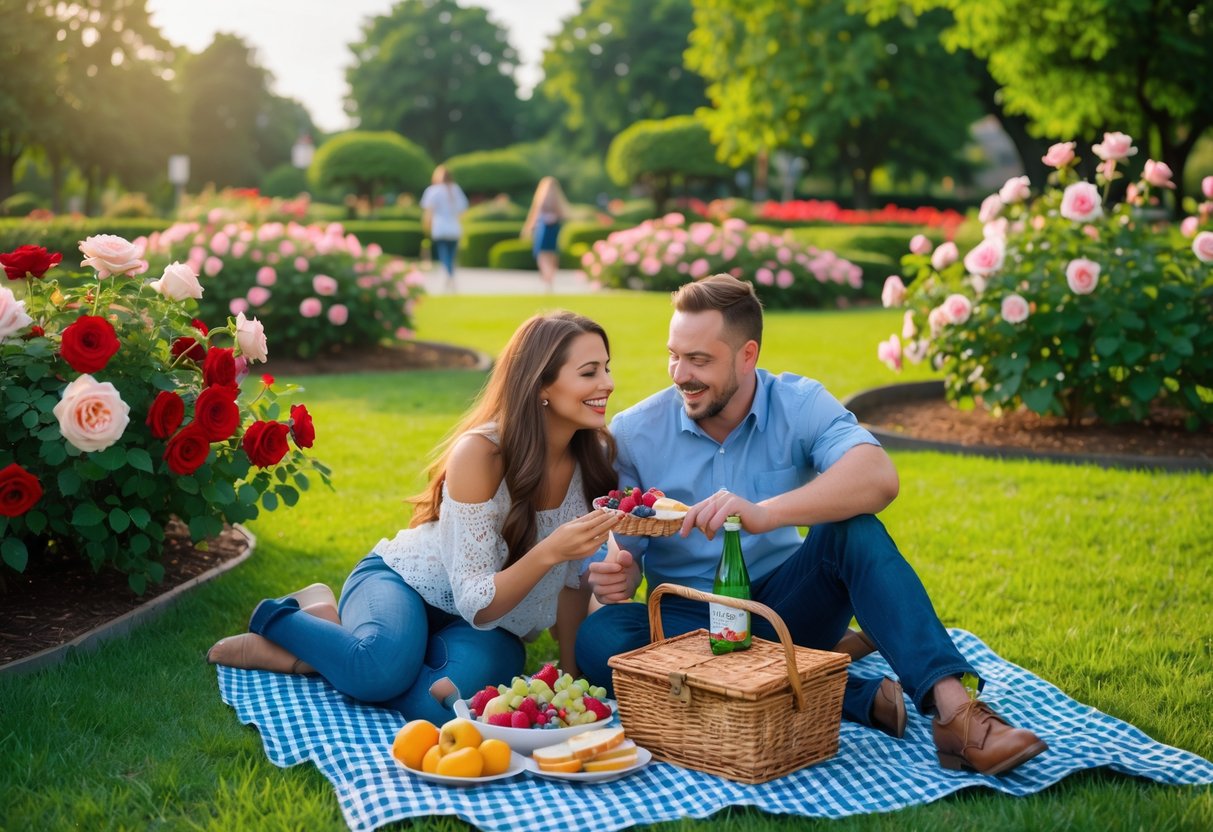 A couple having a picnic on a blanket surrounded by blooming roses in a park garden.