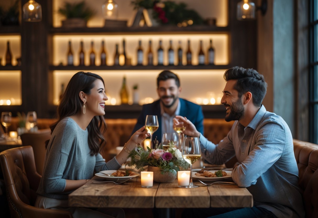 A couple enjoying a cozy dinner together at a warmly lit restaurant with rustic decor.