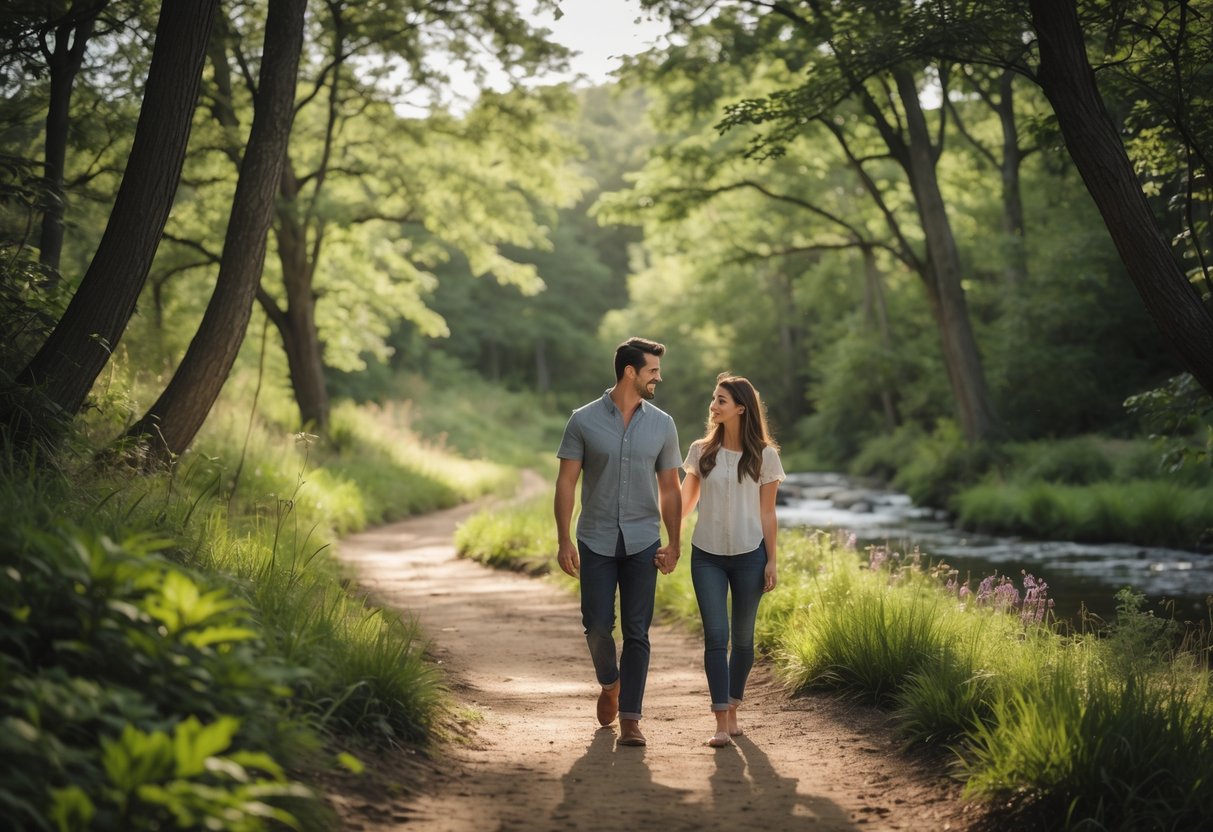 A couple walking hand in hand along a forest trail surrounded by green trees and sunlight.