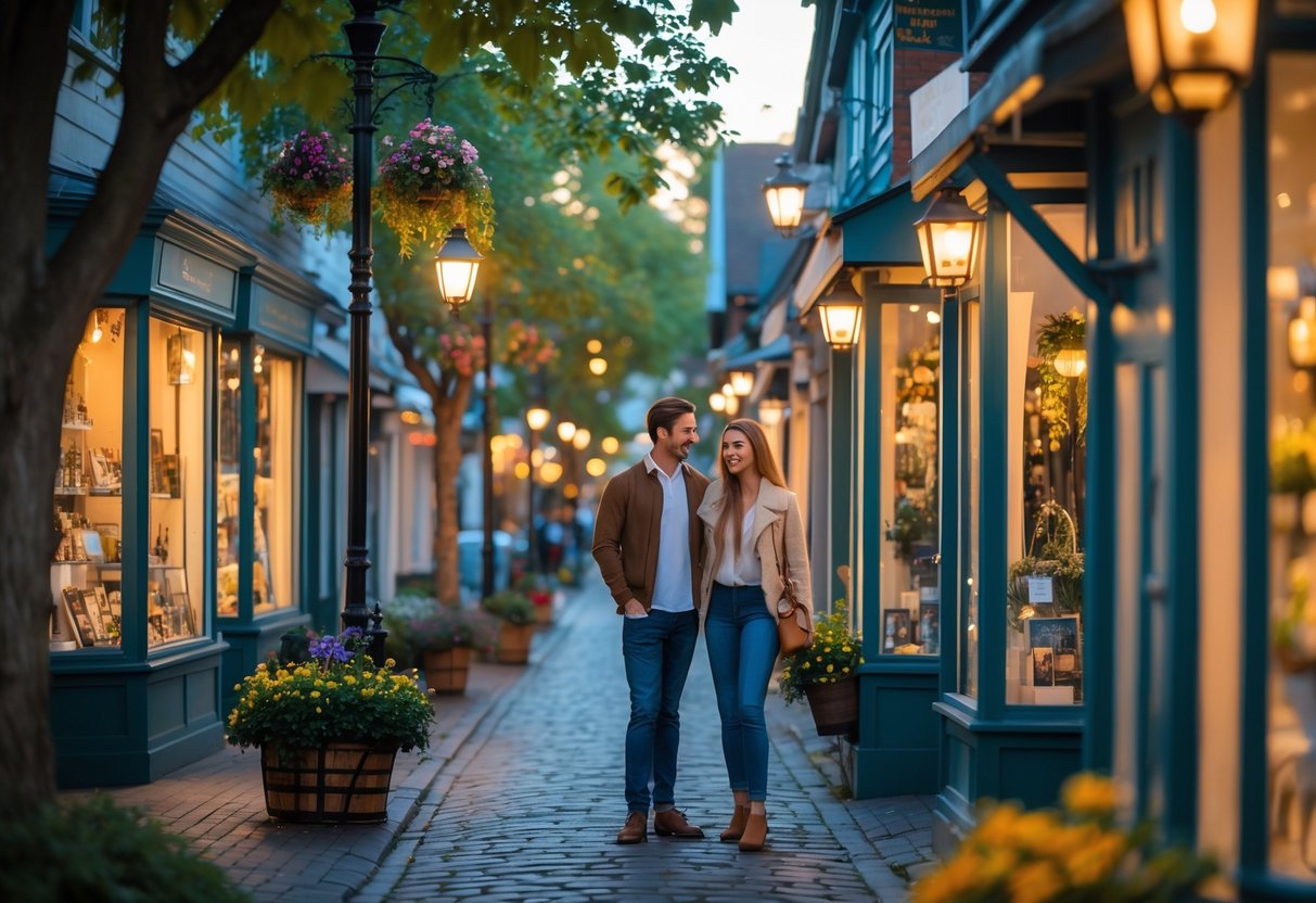 A young couple window shopping together on a cobblestone street in a quaint neighborhood with boutique shops and street lamps.