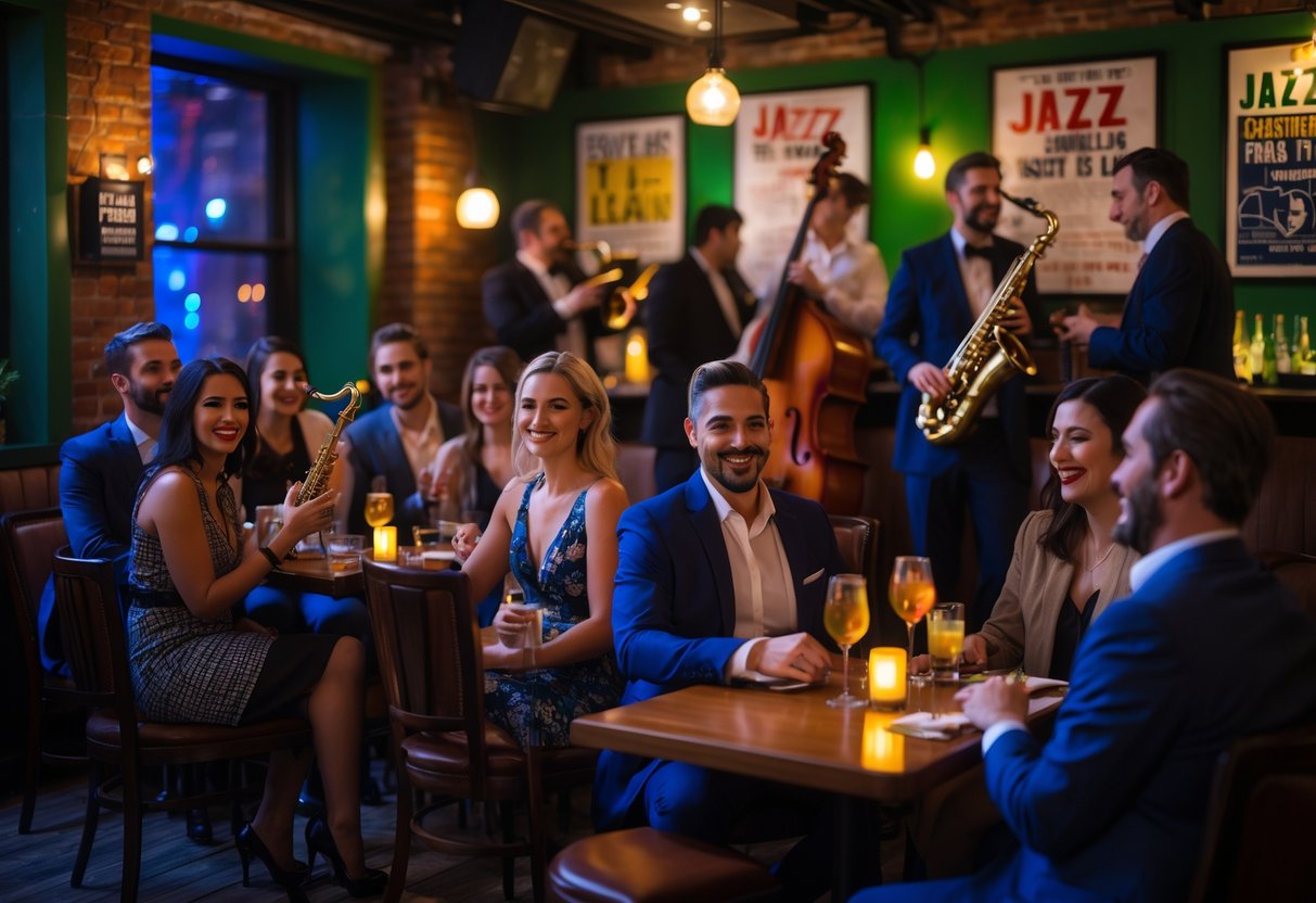 Couples enjoying live jazz music at a cozy lounge with a band playing on stage and warm lighting.