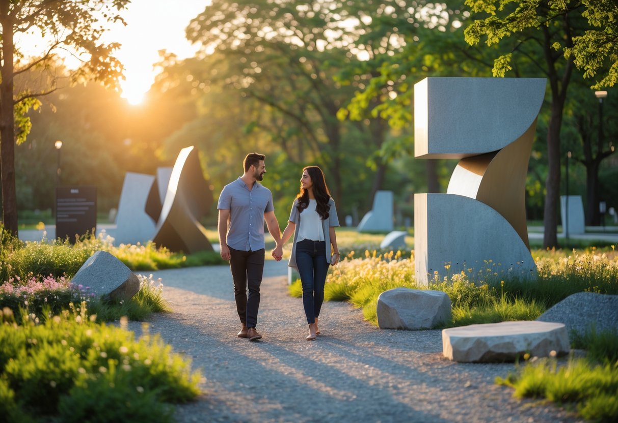 A couple walking hand in hand along a path in a park with outdoor sculptures and trees around them.