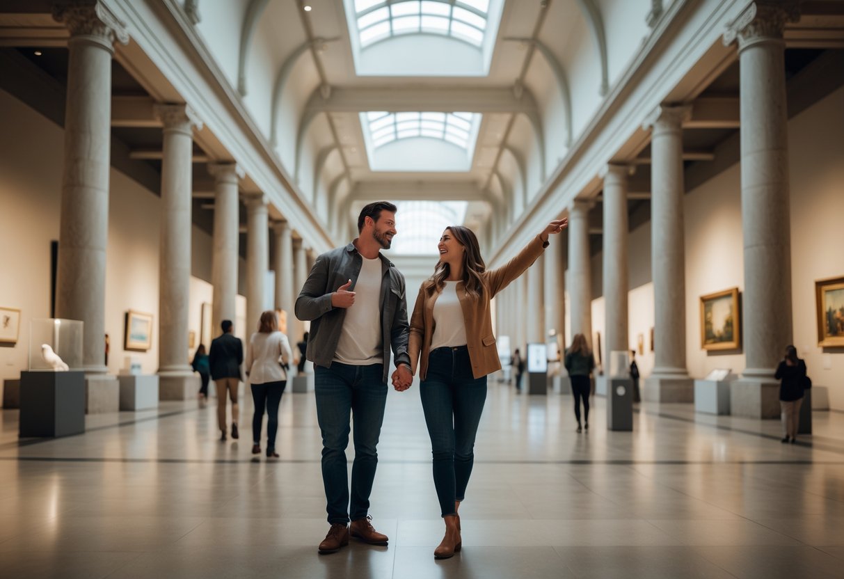 A couple browsing artwork inside a spacious museum gallery at the Nelson-Atkins Museum in Kansas City.