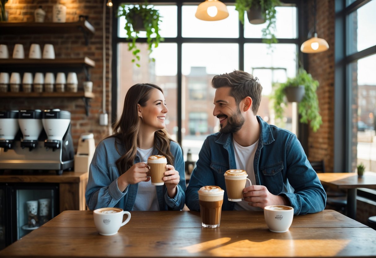 A young couple smiling and talking over coffee at a wooden table inside a cozy coffee shop.