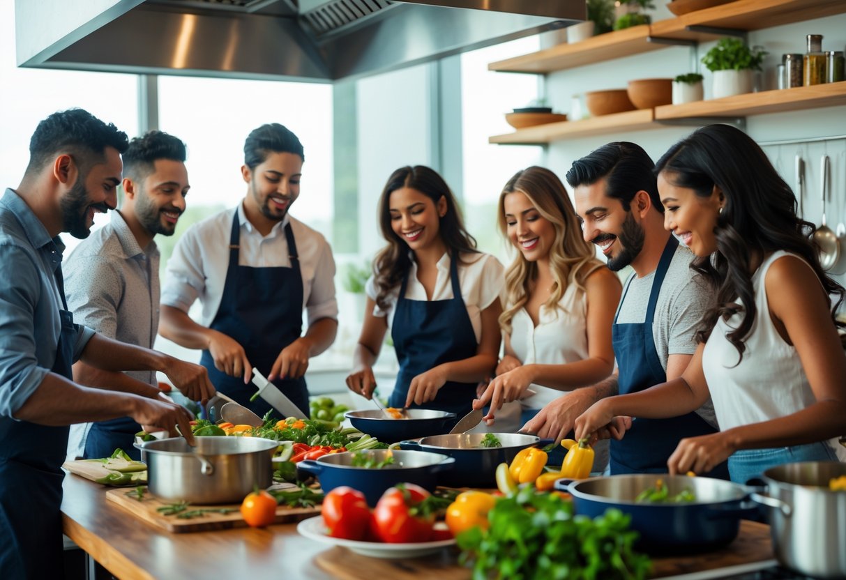 Couples cooking together in a bright, modern kitchen during a cooking class at The Culinary Center of Kansas City.